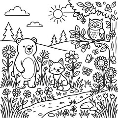 Fototapeta premium Cute cartoon fox with flowers and butterflies in nature scene.