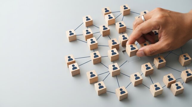 Business communication and stakeholder mapping shown through connected people icons on wooden blocks.