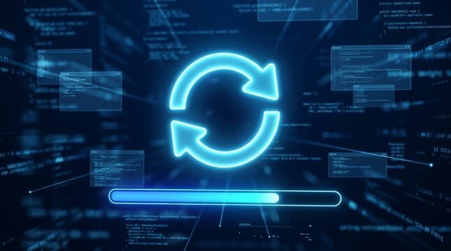 A glowing sync arrow icon and progress bar represent a software installation process during digital transformation.