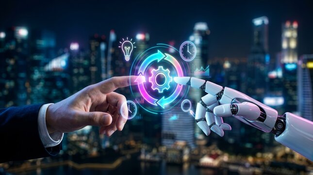 Futuristic concept of human and robot hands touching digital icons representing automation and technology.