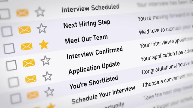 Close up of hiring emails with interview scheduled and shortlisted alerts