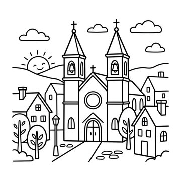 Black and white illustration of a European cityscape with churches.