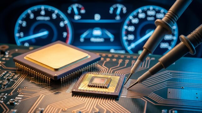 Close-up of an automotive electronic control unit featuring an integrated circuit and oscilloscope probes.