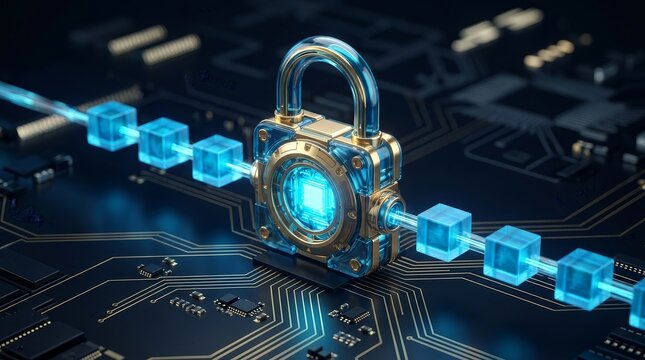 Cyber security and data protection concept featuring a glowing digital padlock and blockchain network.