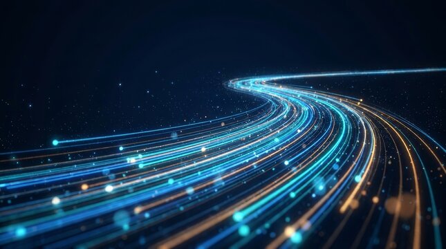 Big data analytics technology background featuring a glowing blue data stream and light trails.