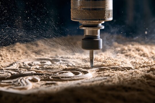 CNC Router Carving Decorative Wooden Furniture Panels With Flying Sawdust in a Workshop
