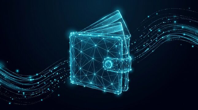 Digital crypto wallet icon in glowing blue wireframe. Futuristic electronic payment concept. Cyber security and blockchain finance technology.