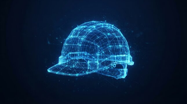 Abstract construction technology design with a glowing blue wireframe protection helmet for industrial work.