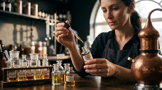 Artisan perfumer blending botanical essential oils with a dropper in a rustic fragrance laboratory