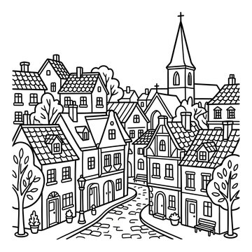 Black and white illustration of a European village with houses and church.
