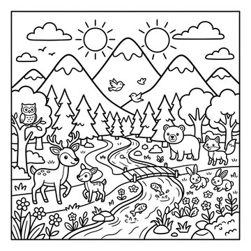 Black and white illustration of a forest with deer and birds.