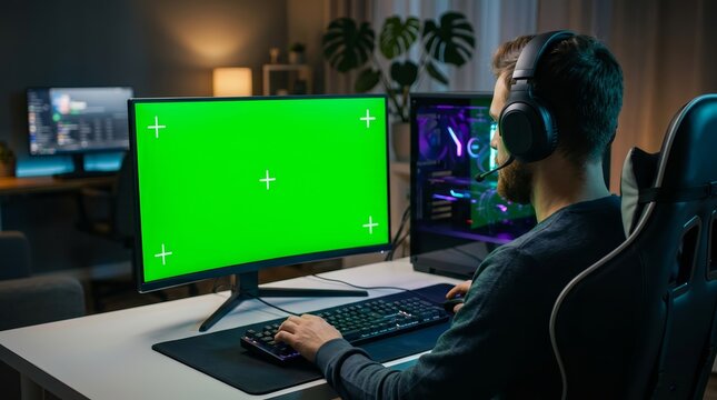 Gamer enjoying a day off while battling enemies on a mockup monitor with a green screen.