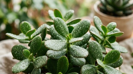 Fototapeta premium Close-up of a healthy jade plant with water droplets on its leaves.
