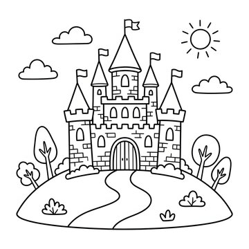 Black and white illustration of a haunted castle with ghosts.