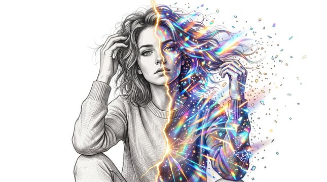 Woman with half sketch half rainbow hair fantasy portrait variant