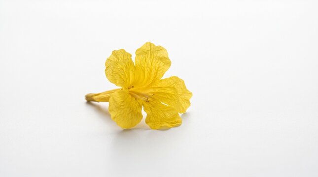 Single Fallen Yellow Ipe Flower Resting on White Background