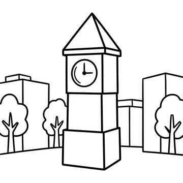 Clock tower with plants in front of it.