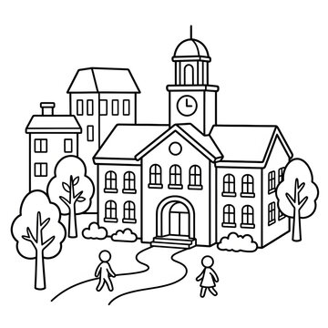 Black and white illustration of a large Victorian house.