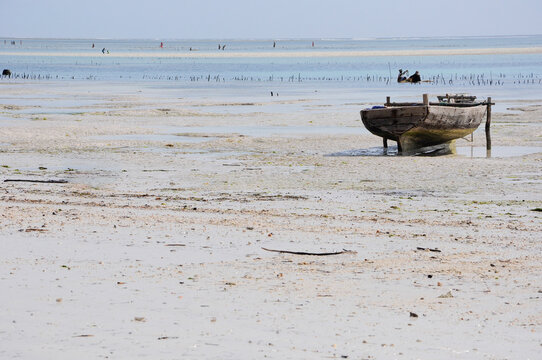 Zanzibar, Africa Old, rustic wooden boat on the sand with aquamarine water in background and two people sitting in the water