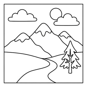 Black and white illustration of a mountain landscape with trees.