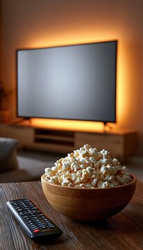 Popcorn and remote on table in cozy home entertainment setup with blank TV screen