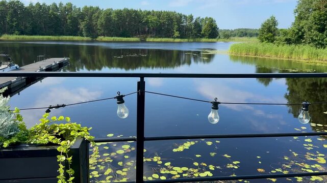 Beautiful tranquil lakeside view from a wooden terrace with decorative string lights and a large planter filled with lush greenery and flowers