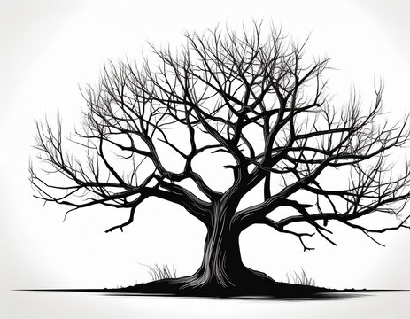 black silhouette of a bare dead tree isolated on white background