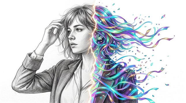 Woman with half sketch half rainbow hair fantasy portrait