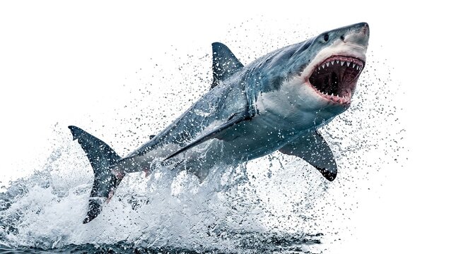 Great white shark breaching out of the water with open mouth isolated on white background