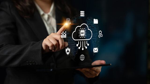 A business professional engages with a cloud computing interface, showcasing various digital icons symbolizing data management, innovation, and corporate efficiency in a modern environment. Cyphers