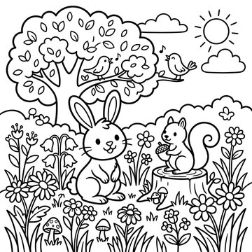 Black and white illustration of a person meditating in a garden.