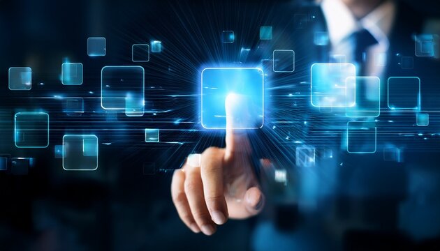 hand choosing option glowing square business choice decision making technology interface finger touch selection concept innovation focus digital
