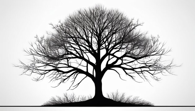black silhouette of a bare tree without leaves isolated on white background