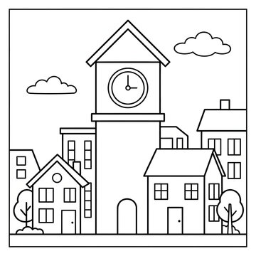 Cute cartoon village with clock tower and houses.
