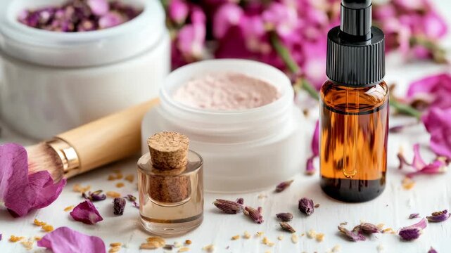 Pink petals scatter around skincare products. Glass bottle holds amber liquid with black dropper. Small jar with cork stopper sits beside white pots. Brush rests beside rose petals on bright surface