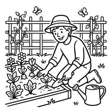 Gardener tending to plants in a greenhouse environment.