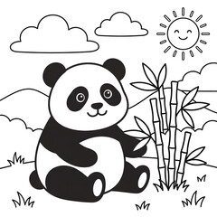 Cute cartoon panda bear holding bamboo stalk. © Sukur