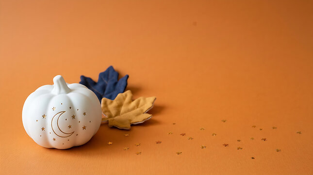 White ceramic pumpkin with moon motif, dried yellow leaves and confetti on orange background. Autumn decor flat lay with copy space for seasonal content design. Halloween