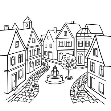 Black and white illustration of a quaint village scene with houses and a lamp post.