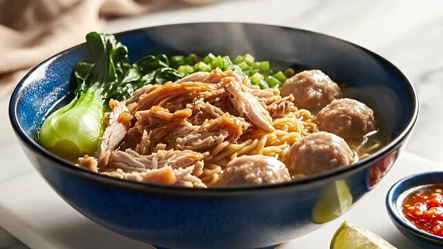 Asian noodle soup bowl with meatballs and bok choy.