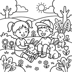 Fototapeta premium Two children enjoying a sunny day outdoors with flowers.