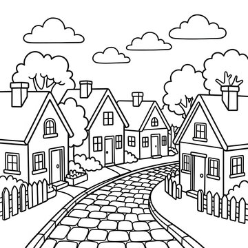 Black and white illustration of a quaint village street scene.