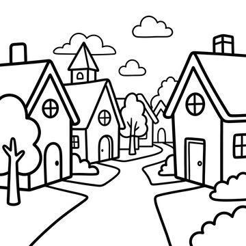 Black and white illustration of a quaint village with houses and church.