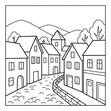 Black and white illustration of a quaint village with houses and trees.