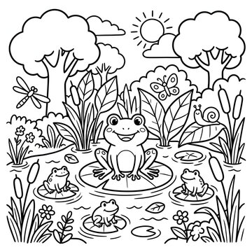 Black and white illustration of a serene garden scene with animals and plants.