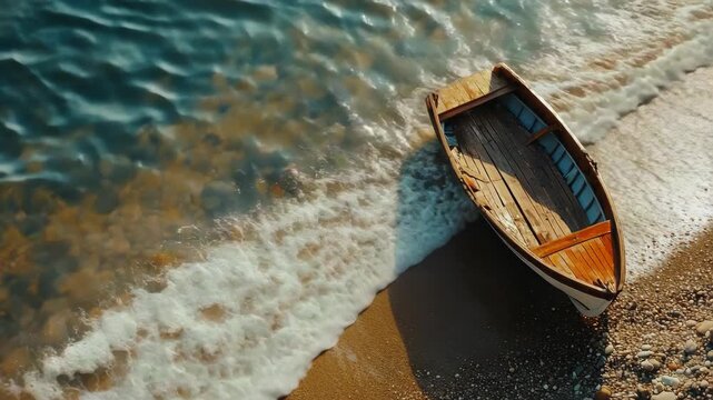 A small wooden boat sitting on the shore of a rocky beach with waves and ocean in the background.