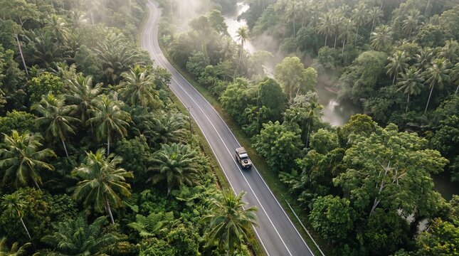 Forest Road view from above, Aerial view asphalt road in tropical tree forest with a road going through with car, Adventure in Asia background concept.