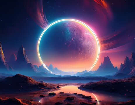 sci fi alien planet landscape with giant moon and neon glowing ring