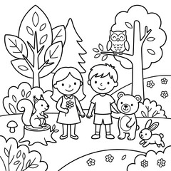 Fototapeta premium Two children playing together in a garden with flowers and butterflies.