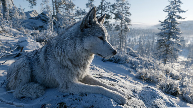 Wolf sits patiently on a rocky outcrop surrounded by frosted pine trees in a frozen alpine landscape.